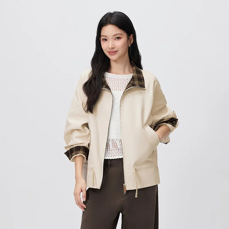 Semir Women Jacket Panelled Design Plaid Pattern Raglan Sleeve Oversized Fit Retro Style Drawstring Detail 2026 Autumn