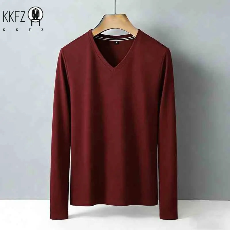 Men's Tan V-neck Long Sleeve Knit Top Classic Solid Color Everyday Outfit for All Ages