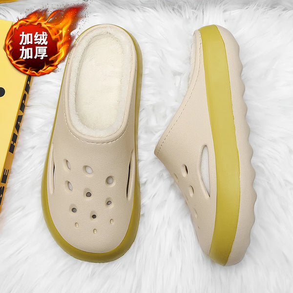 Indoor Soft Comfort Clogs with Fur Warm Plush Slippers Winter Home Cotton Shoes Half Shoes for Men Women Slip on Rubber Sandals