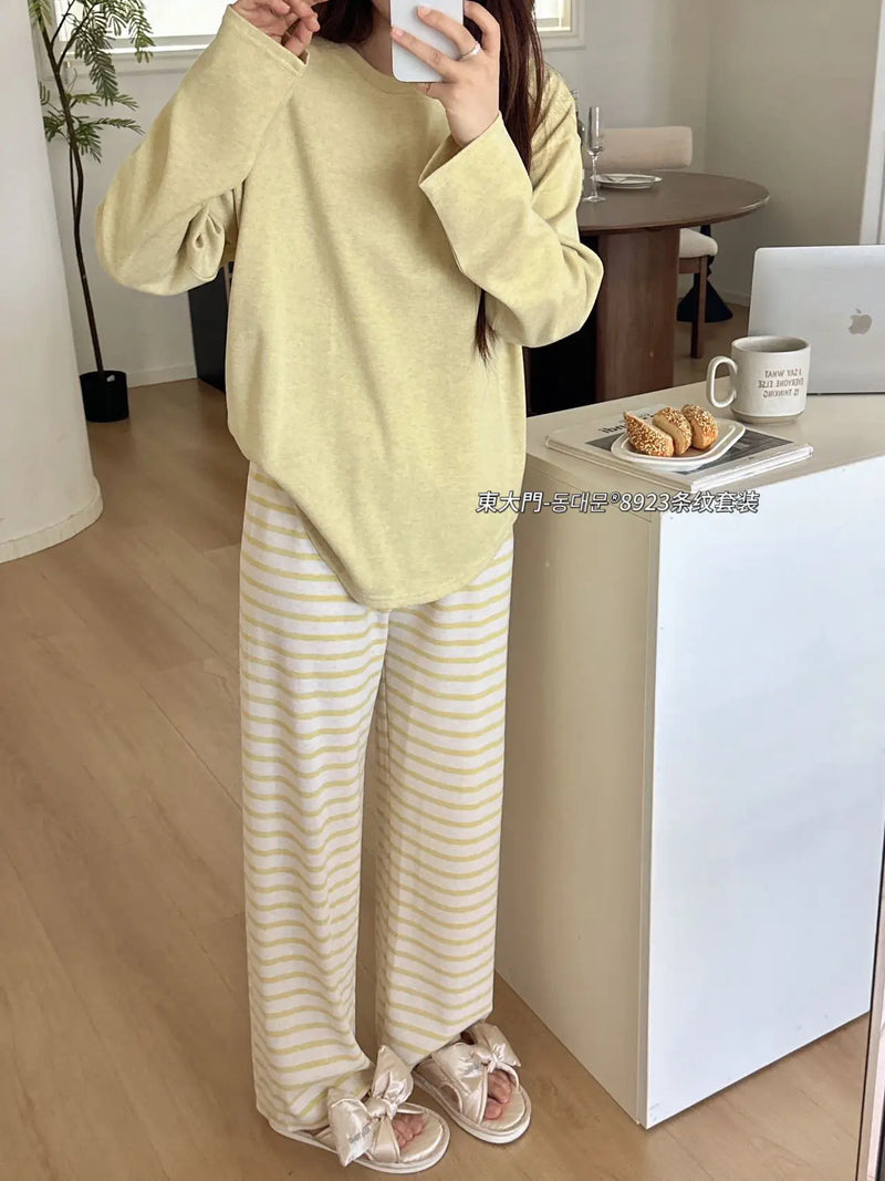 Casual Striped Long Sleeve Pant Suit Velvet Fleece Warm Sleepwear Women's Pajamas Autumn Winter Home Clothes Pyjamas d'hiver
