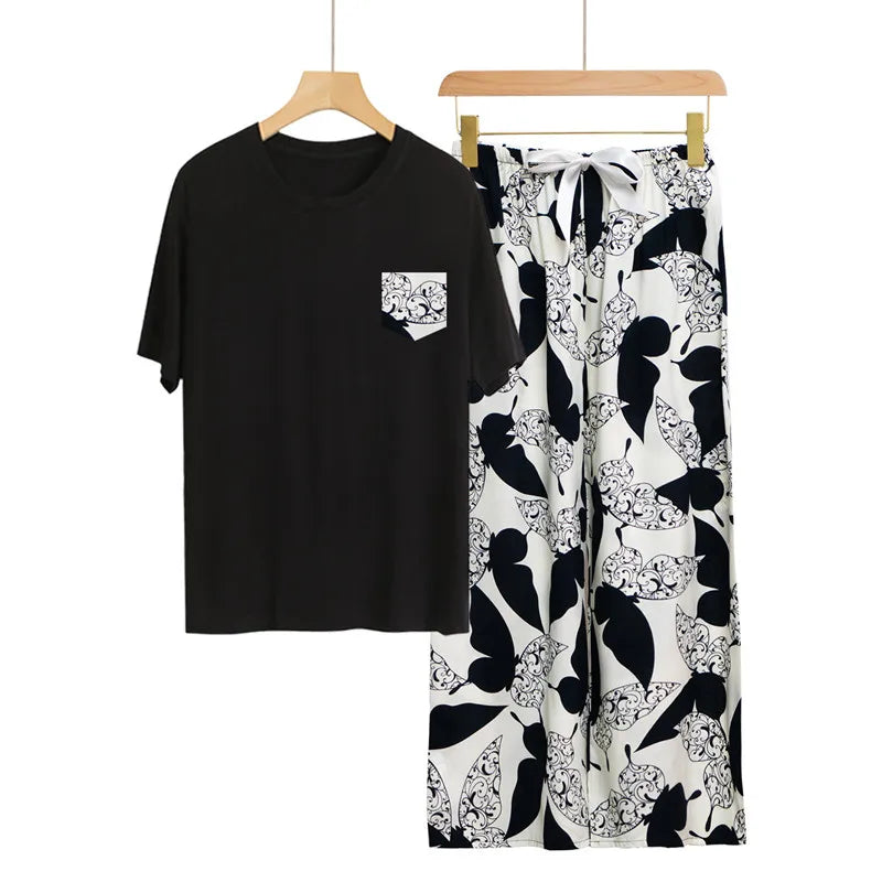 Fashion Printed Short Sleeve Straight Pants Set New Modal Comfort Woman Pajamas Loose Women's Home Clothes Spring Summer Pijama