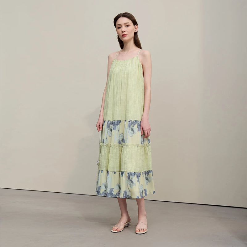 Amii Women's Chiffon Dress 2026 Summer New Spaghetti Strap A-Line Holiday Casual Printed Patchwork Midi Dress For Women 12651039