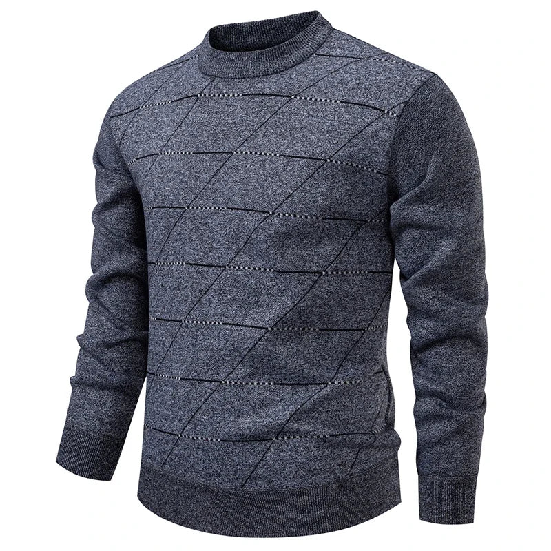 Diagonal Grid Pattern Male Knitted Top Fleece Lined Crew Neck Business Casual Long Sleeve Cold Season Knit Jumper