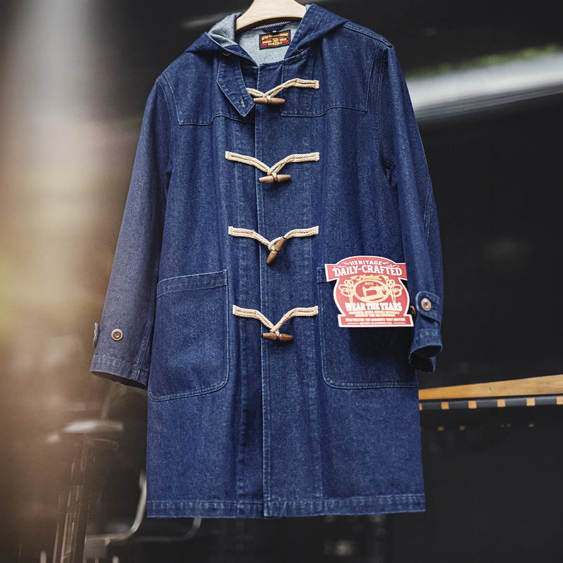 អាវធំ Maden Denim Duffle សម្រាប់បុរស មានមួក អាវធំរលុង ប្រវែងមធ្យម អាវក្រៅធ្វើការ រចនាប័ទ្មពណ៌ខៀវស្រាល អាវក្រៅធម្មតា រដូវស្លឹកឈើជ្រុះ