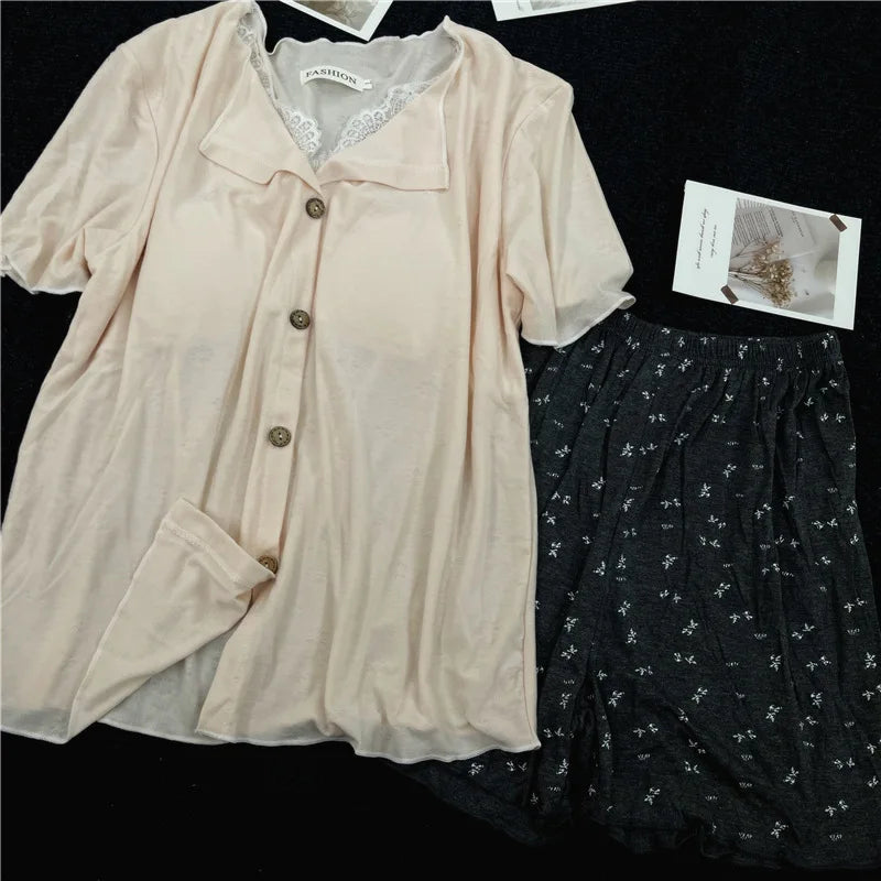 Women's Home Clothes Chest Pad Short Sleeve Sleepwear New Summer Pajamas with Shorts Night Wear Female Floral Nightwear Woman
