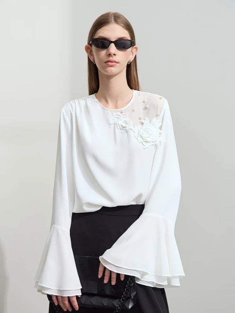 អាវ Amii Chiffon សម្រាប់ស្ត្រី 2026 រដូវស្លឹកឈើជ្រុះម៉ូដថ្មីឆើតឆាយ អាវផ្កាប៉ាក់ អាវដៃវែង 12541014