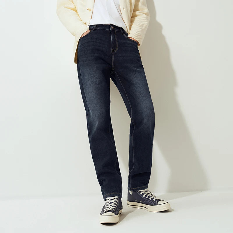 Semir Men Jeans Fleece Lined Stretch Tapered Fit Whisker Distressed Wash 2026 Vintage Warm Urban Casual Denim PantsSemir Men Jea