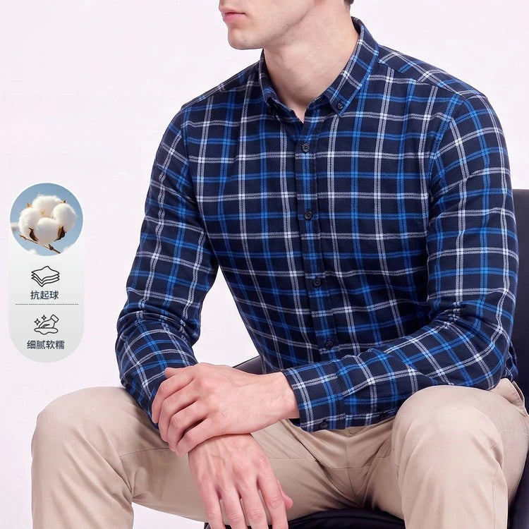 Men's 100% Cotton Brushed Plaid Long Sleeve Shirt – Soft Flannel Casual Button-Down for Outdoor & Daily Wear
