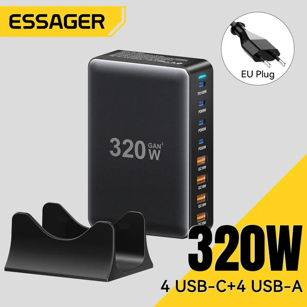ឆ្នាំងសាក Essager 320W GaN 8 រន្ធ USB ប្រភេទ C ស្ថានីយសាកថ្មលើតុ PD 100W សាកថ្មលឿនសម្រាប់ iPhone 17 16 15 iPad MacBook កុំព្យូទ័រយួរដៃ