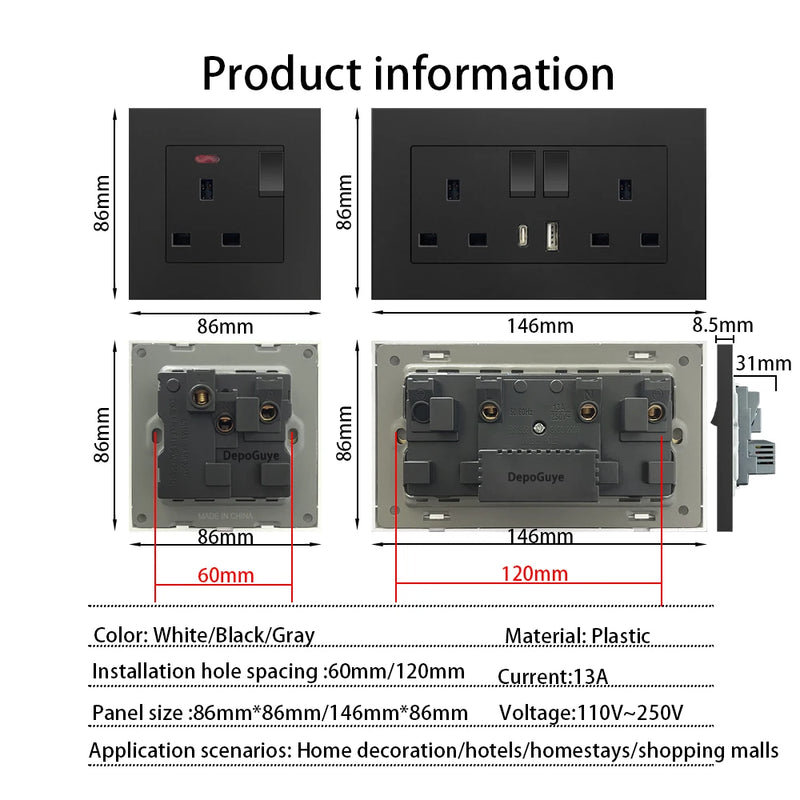 Black UK 13A Wall Socket with USB Type C 18W Quick Charge Plug Socket,Universal Wall power outlet 220V Electrical Light Switch