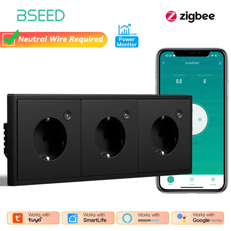 BSEED E Series Zigbee Socket Power Monitor Function Smart Electric Outlets Tuya Smart Life Google Home Control Plastic Frame