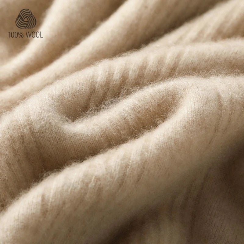 Men's 100% Wool Sweater,  Soft and Warm High-neck Wool Pullover Fine Vertical Stripe