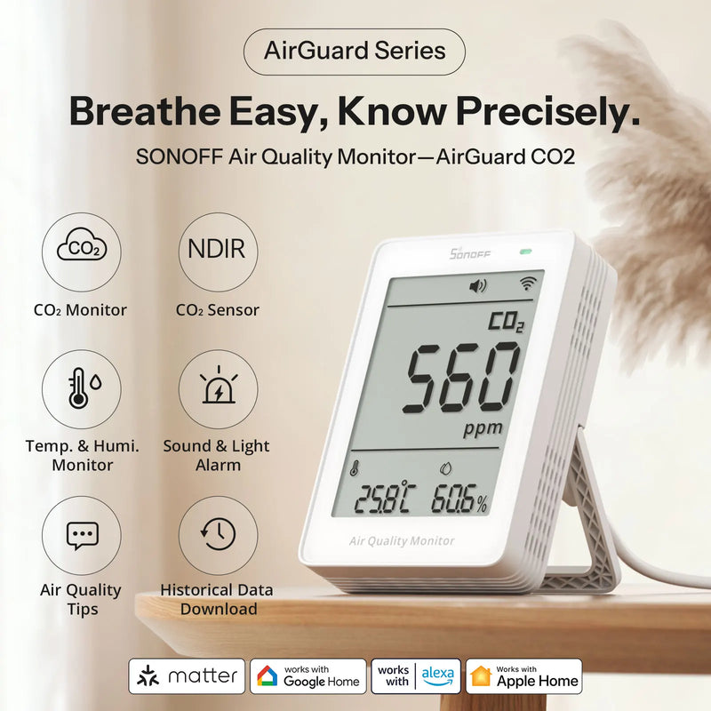 SONOFF AirGuard CO2 Matter Over WiFi Air Quality Monitor SAWF-08P Temperature Humidity Meter Sound & Light Alarm Historical Data