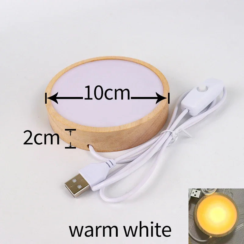 1-4Pcs Crystal Glass Wooden LED Light Display Base Art Ornament Wooden Night Lamp Base Home LED Light Rotating Display Stand