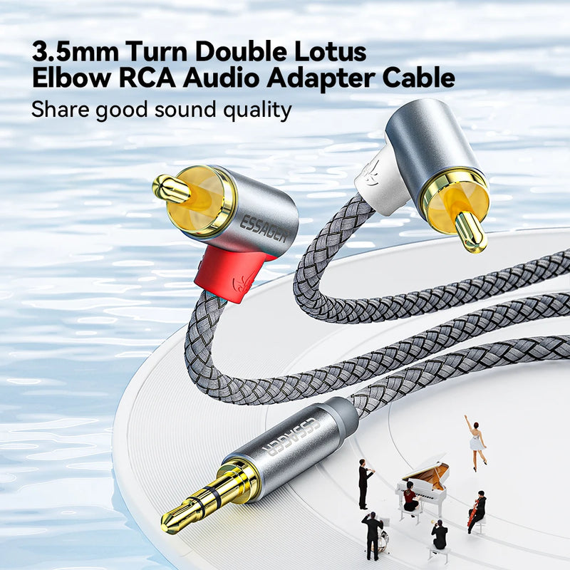 ខ្សែ Essager 90° RCA Jack 3.5 ទៅ RCA ខ្សែអូឌីយ៉ូ 3.5mm Jack ទៅ 2RCA Male Splitter Aux Cord សម្រាប់ទូរទស្សន៍កុំព្យូទ័រ ឧបករណ៍ពង្រីកសំឡេង ឌីវីឌី ខ្សែឧបករណ៍បំពងសម្លេង