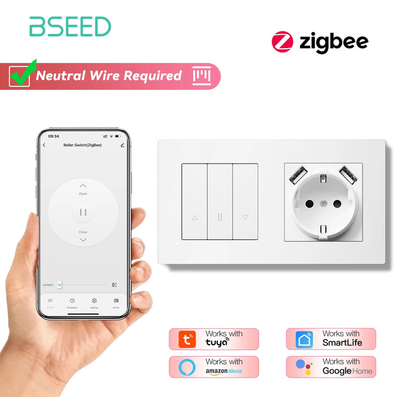 BSEED E Series Zigbee Shutter Switch Smart Click Button Switch for Blinds Plastic Frame Support Tuya Smart Life Alexa Control