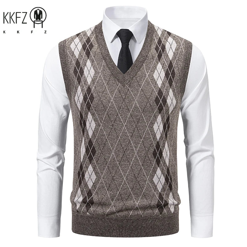 Men's V-Neck Knitted Sweater Diamond Grid Twisted Flower Casual Fashion Top for Autumn Winter Versatile Knitwear
