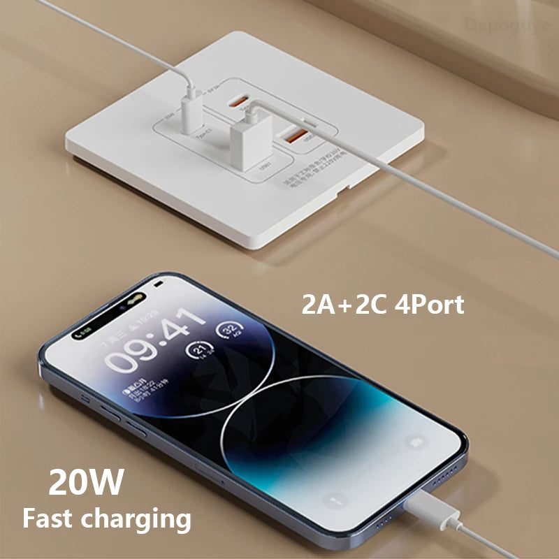 White Universal Smart Wall USB C Socket,20W Fast Charge Type-c 4port USB Plug Adapter Outlet,220V PC Electrical Power Socket