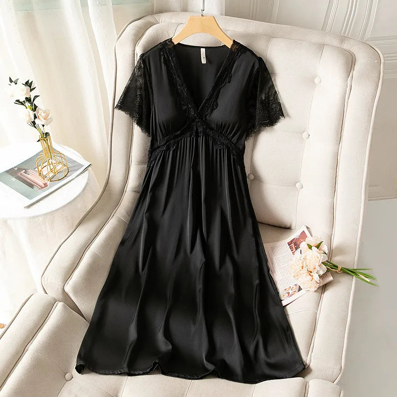 Fdfklak Sexy Silk Satin Thin Short-Sleeved Nightdress Women's Summer Nightgown New Princess Lace Ladies Sleepwear Nightshirt