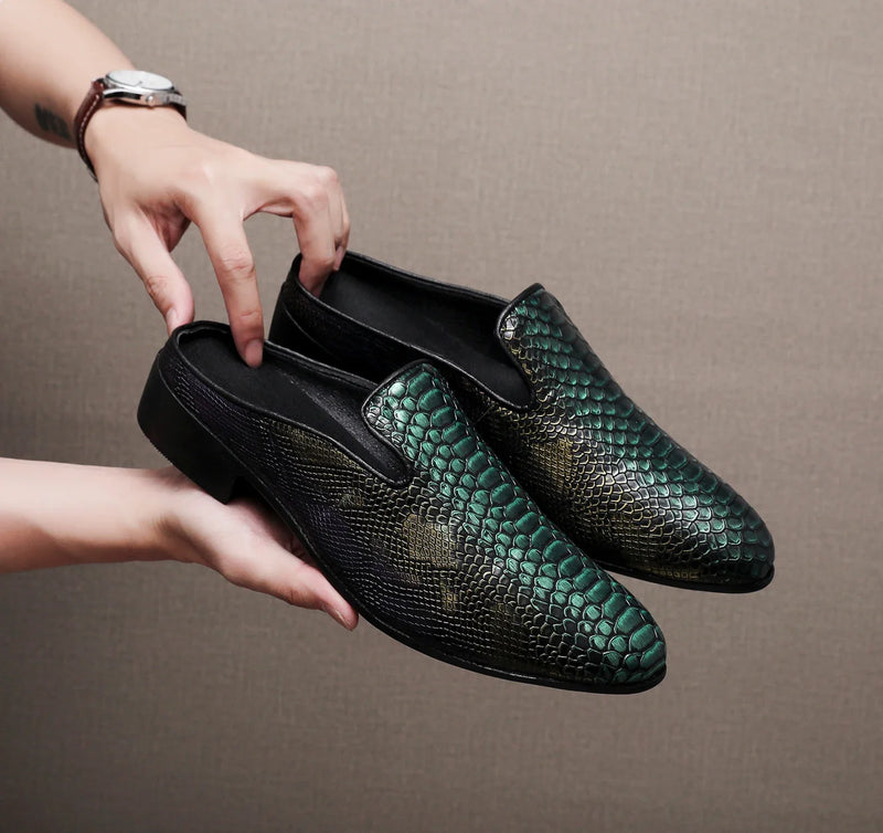 Big Size Mens Backless Mules Pointed Toe Slip on Loafers Men Low Heel Python Pattern Half Slippers Party Dress Shoes