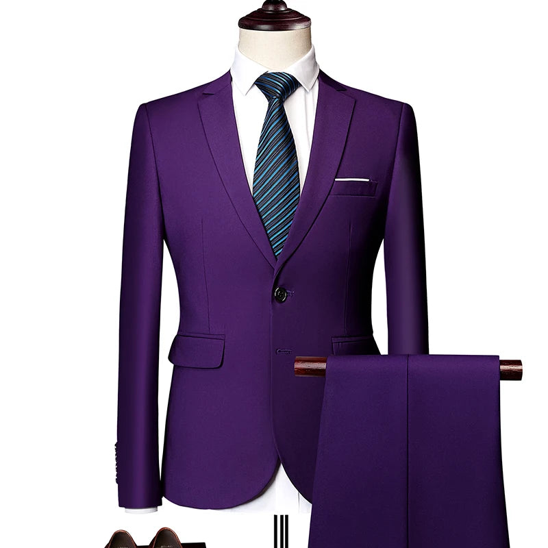 2026 New Men's 2-Piece, Dark Green Slim Fit Suit Set with Pure Color Jacket & Pants for Office/Interview/Wedding/Party/Business