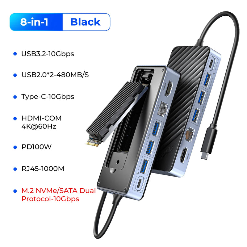 ORICO M.2 NVMe SATA SSD Enclosure External 10Gbps 4K 60Hz HDMI-Com RJ45 SD/TF Docking Station USB C HUB with Cooling Fan