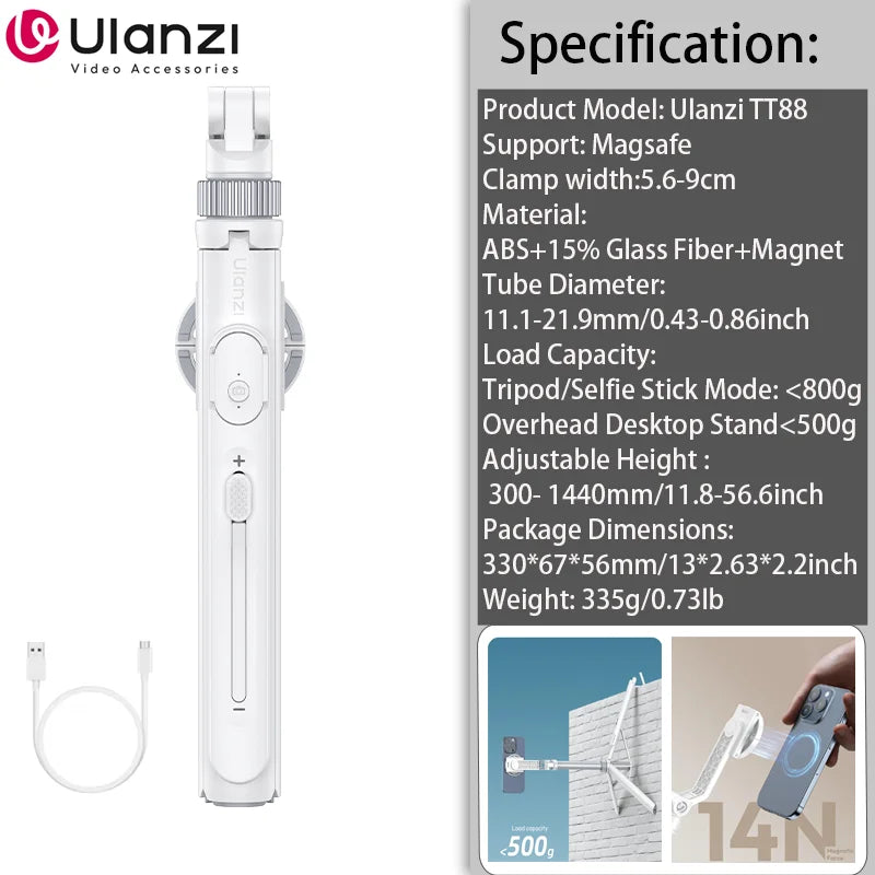 ជើងកាមេរ៉ា Ulanzi TT88 1.44M Overhead Selfie Stick Phone Tripod ជាមួយ Magnetic Clamp ជើងកាមេរ៉ាបន្ថែមឥតខ្សែសម្រាប់ការផ្សាយផ្ទាល់ Vlog