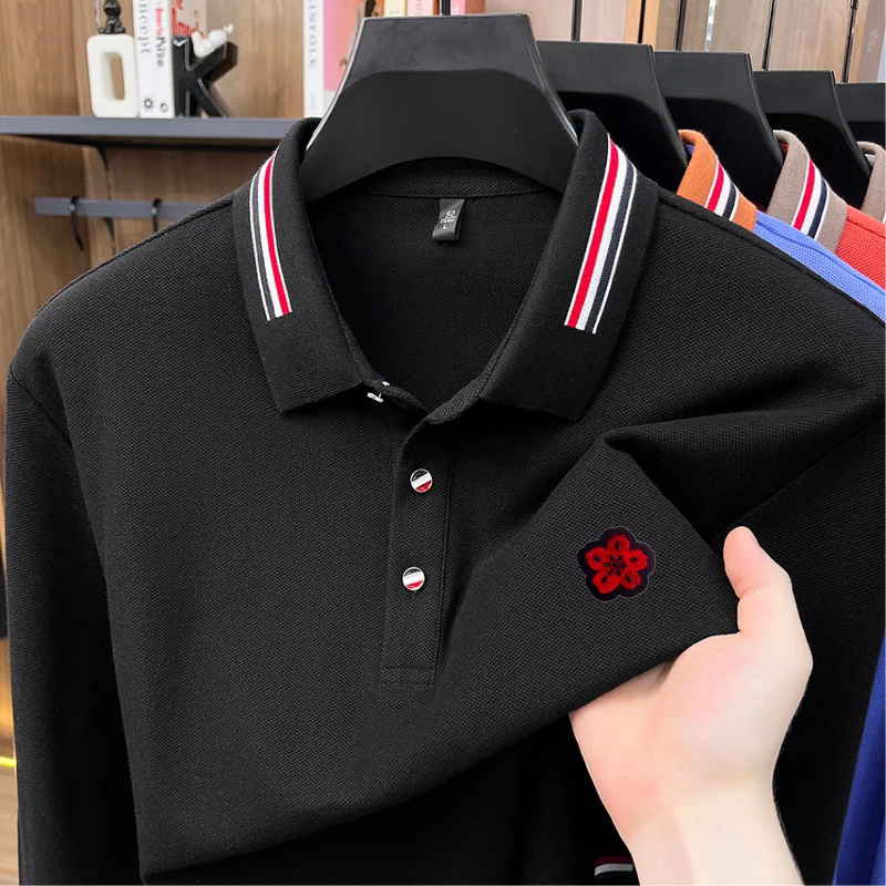 100% Cotton Man Long-Sleeved Polo Shirt Lapel Button Color Blocking Flower Embroidery Autumn New Leisure Fashion Men's Clothing