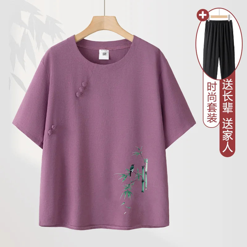ឈុតអាវយឺតដៃខ្លី XL-4XL រដូវផ្ការីក រដូវក្តៅ ខោ ឈុតសម្រាប់ស្ត្រី សម្លៀកបំពាក់នៅផ្ទះ កប្បាស ឈុតពីរដុំសម្រាប់ម្តាយវ័យកណ្តាល