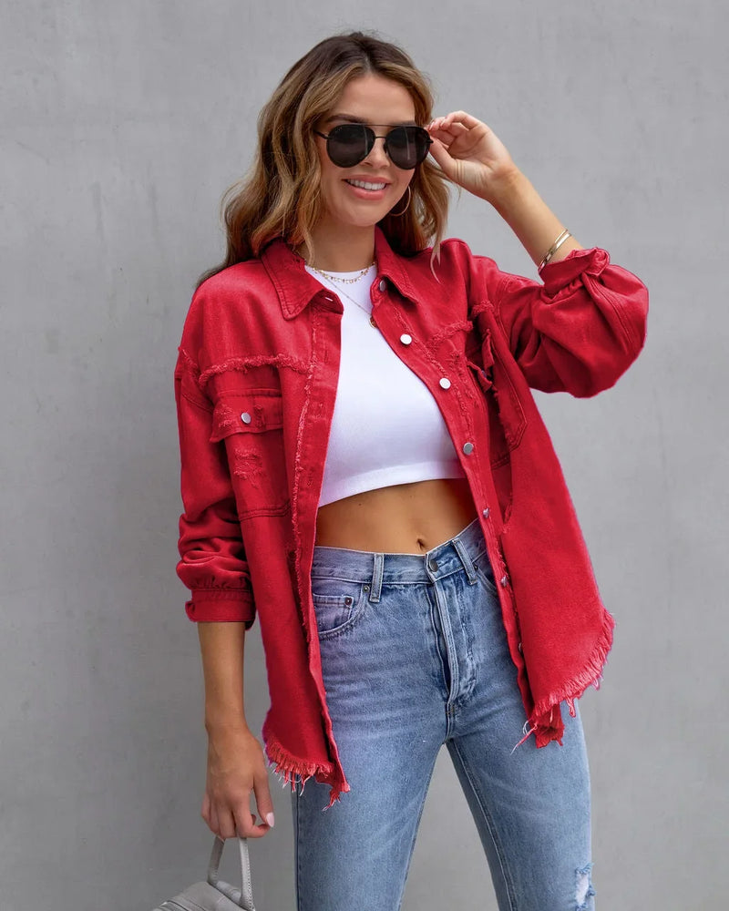 Women's Purple Mid-Length Raw Edge Ripped Denim Jacket, Red Long Sleeve Casual Lapel Coats Top, Green Blue Yellow Gray Optional