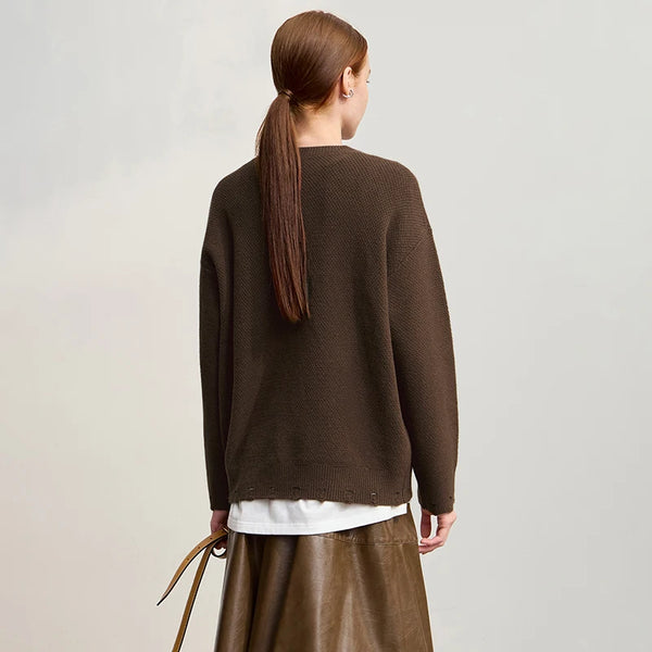 Amii Sweater 2026 Winter New Casual Hollow Out Jacquard Crew Neck Women's Sweater Loose Versatile Long Sleeve Knit Top 12544117