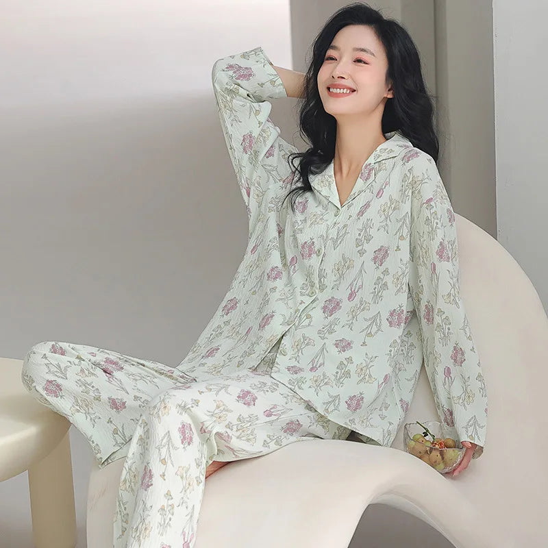 Pajama Woman Winter Cotton Spring Autumn Home Clothes Lapel Shirt Pant Suit Casual Printed Sleepwear Set New Pyjamas Femme