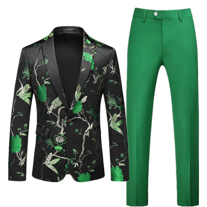 2026 Men's Two-Piece Set, Wedding Party Jacket and Trousers in Black with Red Flowers Jacquard Fabric Slim Fit Men Coat & Pants.