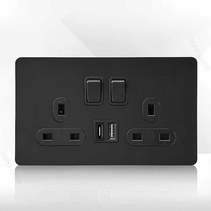 86 Type Retro Switch 1-4 Gang 2 Way Wall Light Brass Lever Toggle Switch Black Matte Stainless Steel Panel EU FR Power Outlet