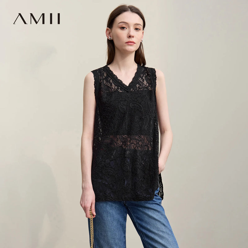 Amii Women's Camisole 2026 Summer New V-Neck Paisley Lace Tank Tops Loose Lightweight Sheer Female Sleeveless Shirt 12652017