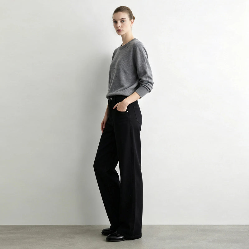 Amii Women Wide Leg Jeans Cotton Rhinestone Long Pants Slimming Loose Fit Trousers Casual Versatile 2026 Autumn Bottoms 12613027