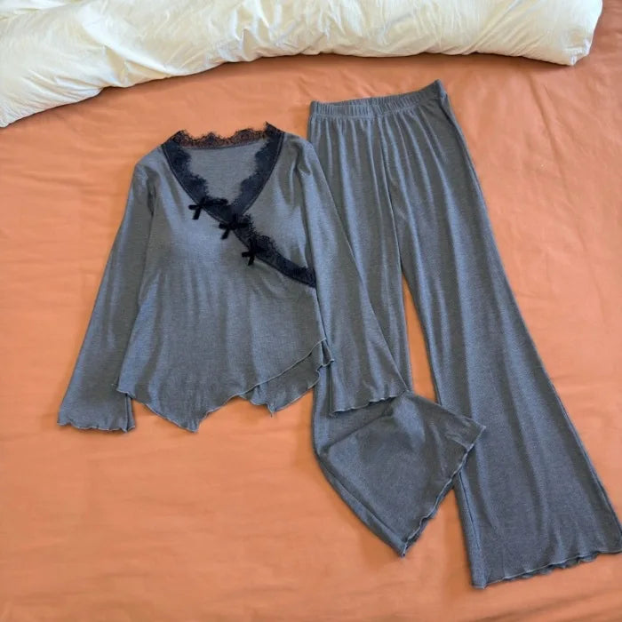Spring Autumn Long-sleeved Trousers Sleepwear Women Thin Chest Pad Pajamas Homewear Elegant Two-Piece Set Women’s Loungewear