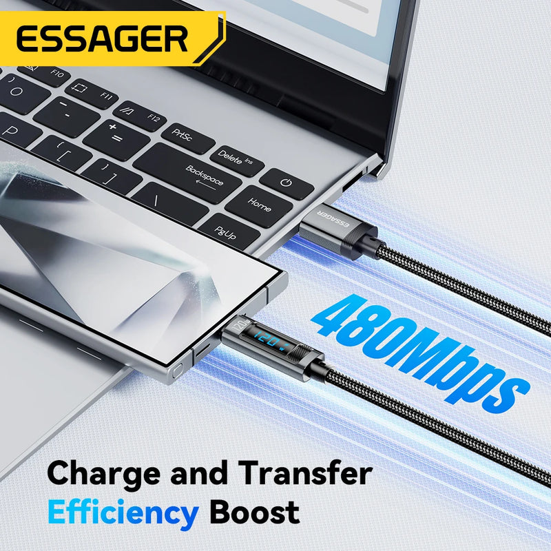 ខ្សែសាក Essager 120W USB Type C PD Super Flash Charging 6A សម្រាប់ Xiaomi 14Pro Redmi K70 POCO X6 Black Shark 3Pro អេក្រង់ LED ឌីជីថល