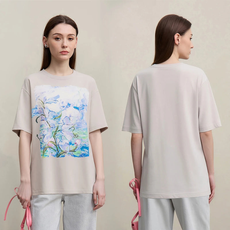 អាវយឺត Amii Minimalism សម្រាប់ស្ត្រី 2025 រដូវក្តៅថ្មី ដៃខ្លី កប្បាស មធ្យម សិល្បៈ គំនូរប្រេង បោះពុម្ព អាវធម្មតាសម្រាប់ស្ត្រី 12642221
