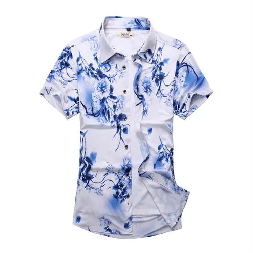 2026 Summer Men's White Short-Sleeved Printed Shirt, Blue Single-Breasted Lapel Shirts, Asian Sizes M-7XL.
