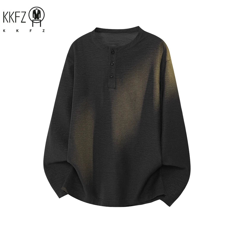 Mens Autumn Henley Collar Pullover Textured Fabric Half Button Placket Loose Long Sleeve Leisure Clothing