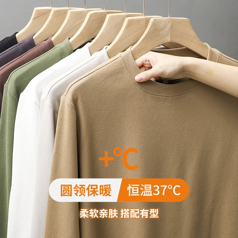 DUKEEN 350G Two-Sided Dralon Fabrics Long Sleeve T Shirts for Men Autumn and Winter Solid Color Warm Fleece Undershirts Men