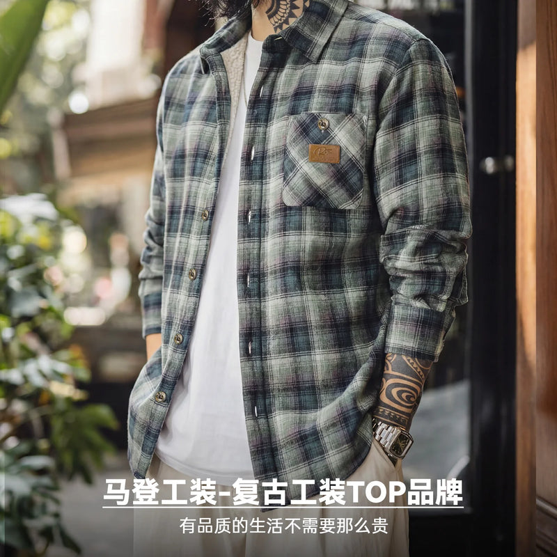 Maden Men's Vintage Ombre Plaid Shirt Sherpa Fleece Warm Blouse Cotton Long Sleeve Thickened Tops for Layering for Autumn Winter
