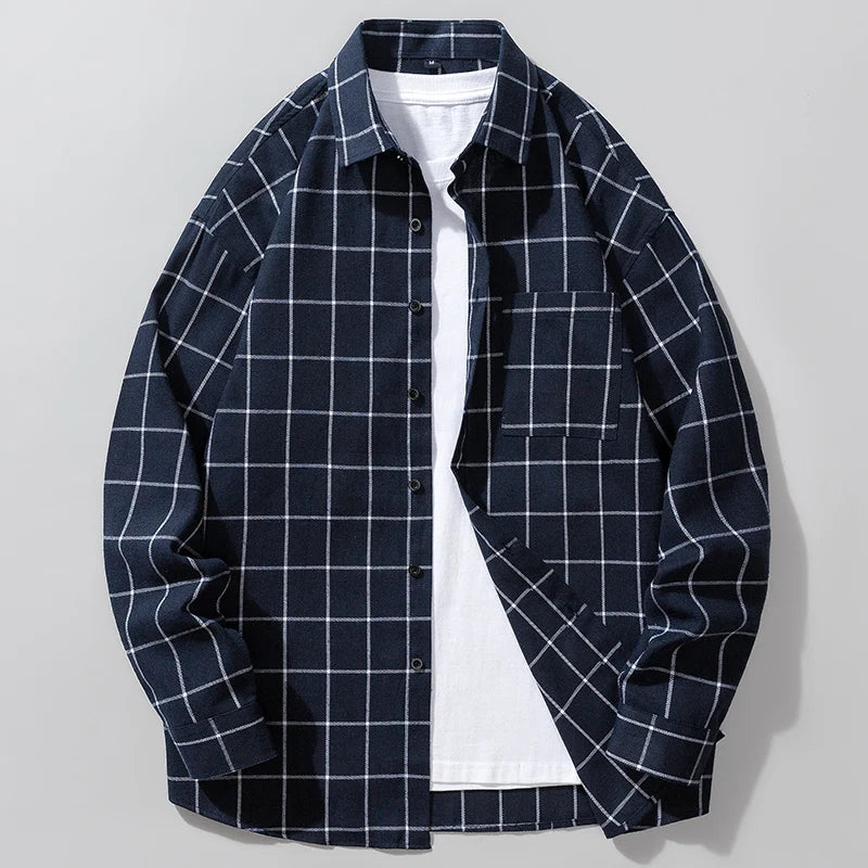 2026 New Men's Black Long Sleeve Shirt with Blue Striped Grid Decoration Casual Loose Fit Fashion Top Shirt