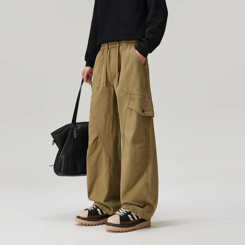 2026 Autumn New 100% Cotton Casual Big Pockets Cargo Pants for Men Clothing Darwstring Loose Trousers GF268136
