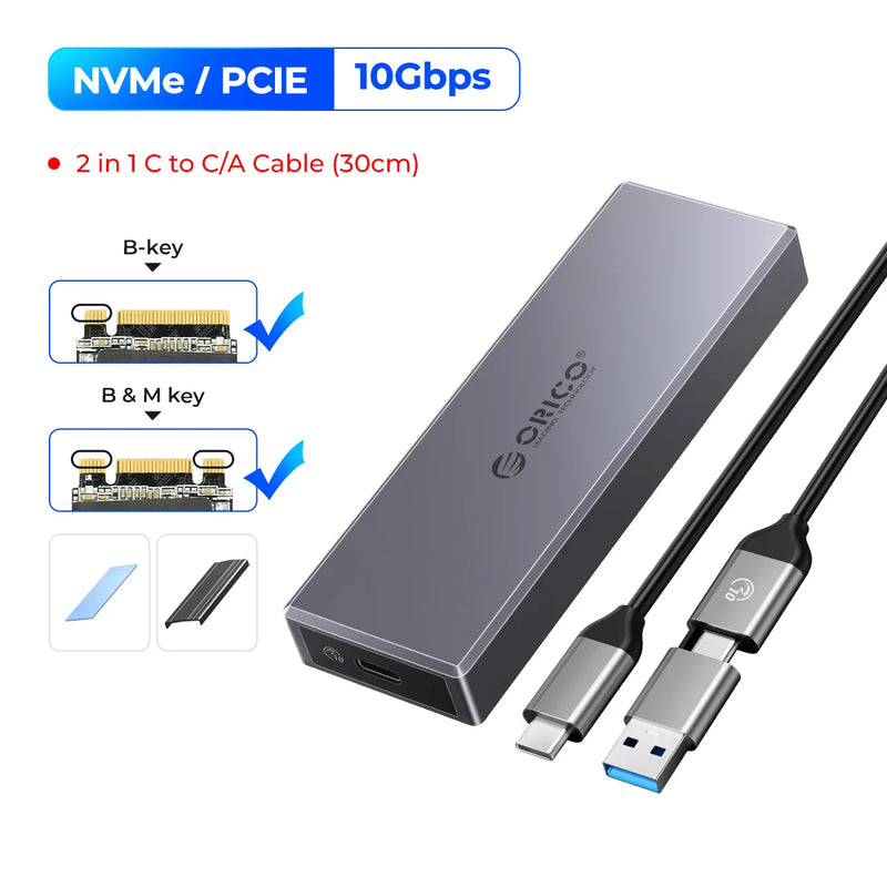 ORICO M.2 SSD Case NVME Enclosure for NVME PCIE NGFF SATA M/B Key SSD Disk SSD Hard Disk Cases M.2 to USB Type C 3.1 With Cable