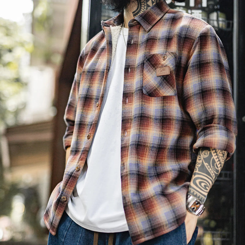 Maden Men's Vintage Ombre Plaid Shirt Sherpa Fleece Warm Blouse Cotton Long Sleeve Thickened Tops for Layering for Autumn Winter