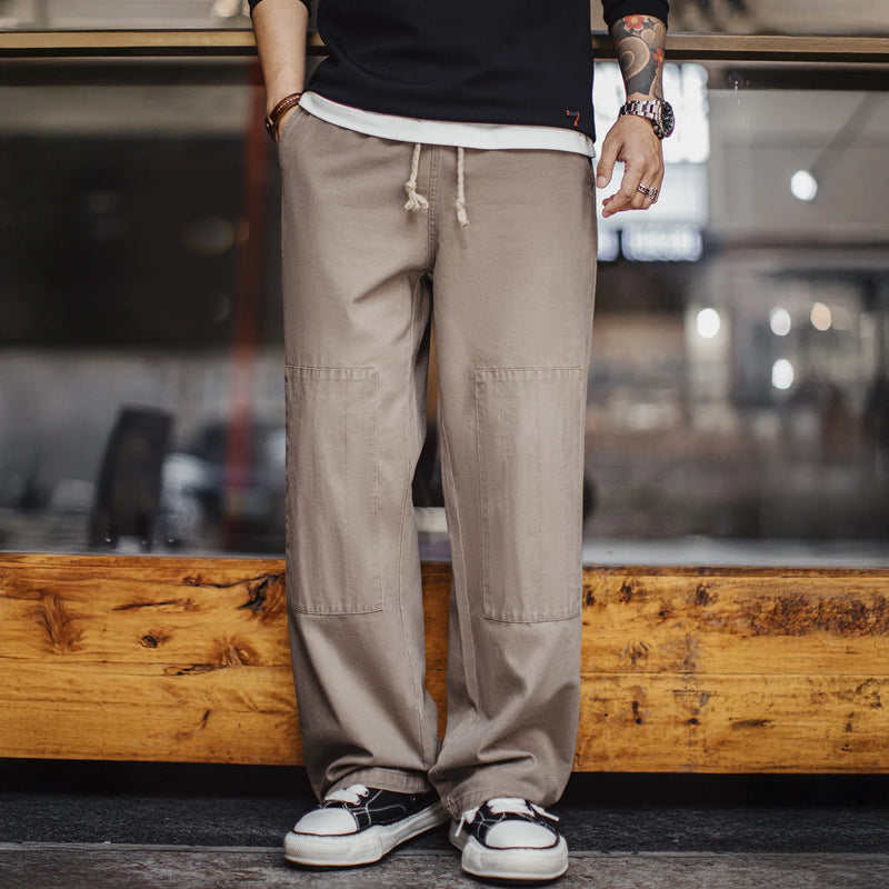 Maden Men's Vintage Lumberjack Pants Straight Loose Casual Trousers Elastic Waist with Drawstring Comfort Pants for Spring/Fall