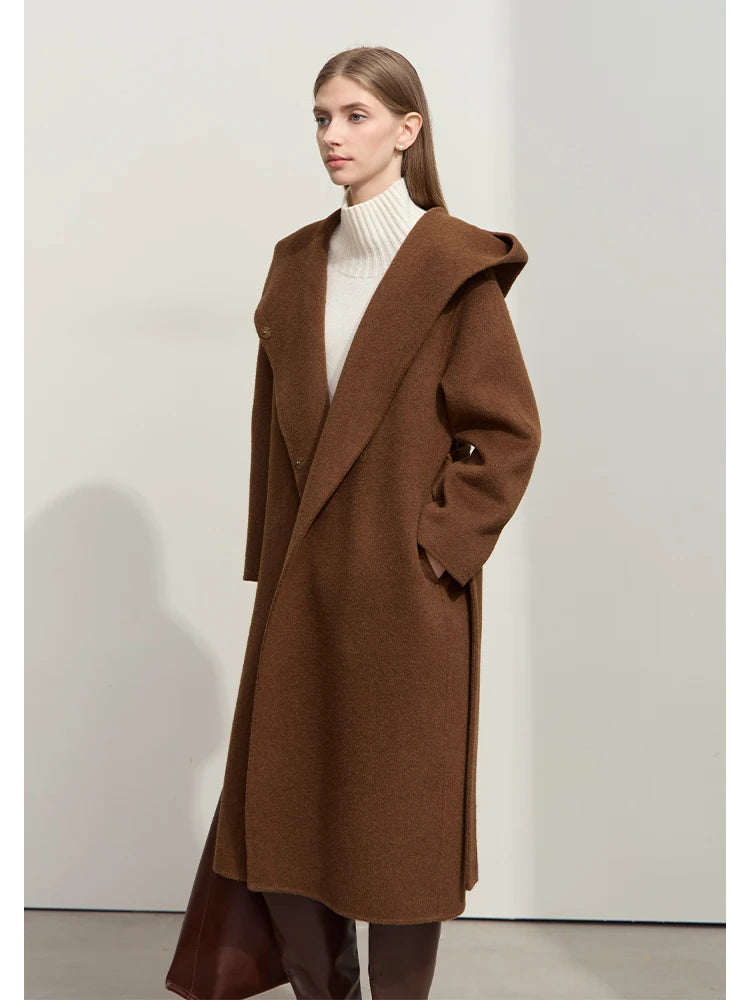 AMII Minimalist Women's Camel Wool Coat Female 2026 Warm Winter Coat Female Hooded Loose Elegant Long Jacket With Belt 12444125