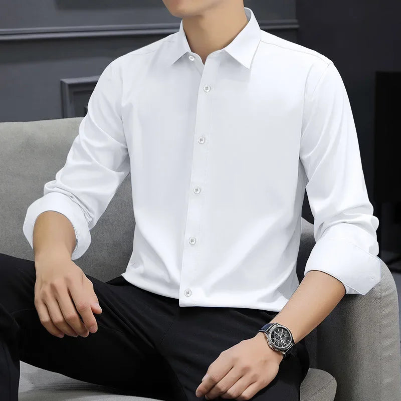 Men's Business Casual Long Sleeve Shirt Solid Color Wrinkle Resistant Comfortable All-Season Versatile Solid Color Top